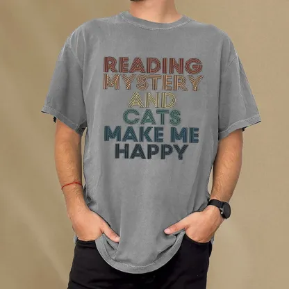 Pagewings Reading Mystery And Cats Make Me Happy Unisex Washed T-shirt