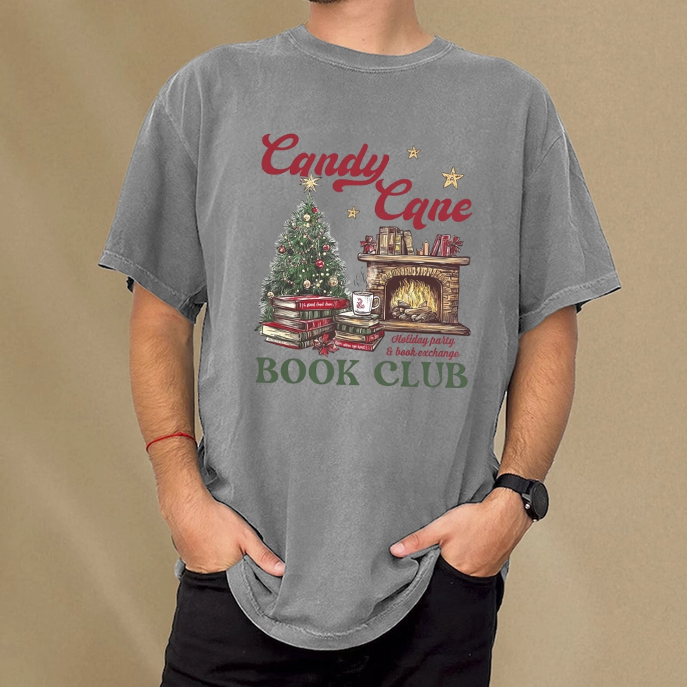 Pagewings Candy Cane Christmas Book Club Unisex Washed T-shirt