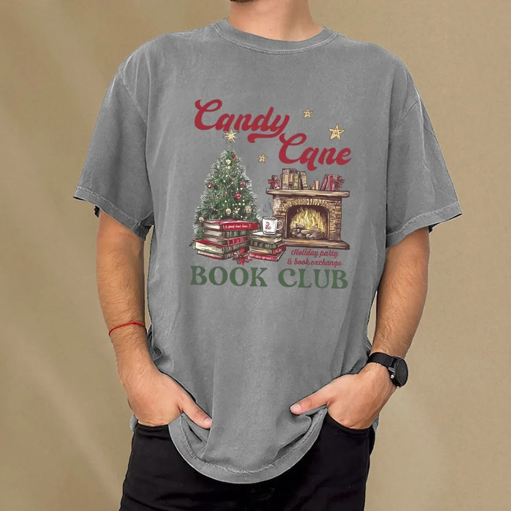 Pagewings Candy Cane Christmas Book Club Unisex Washed T-shirt