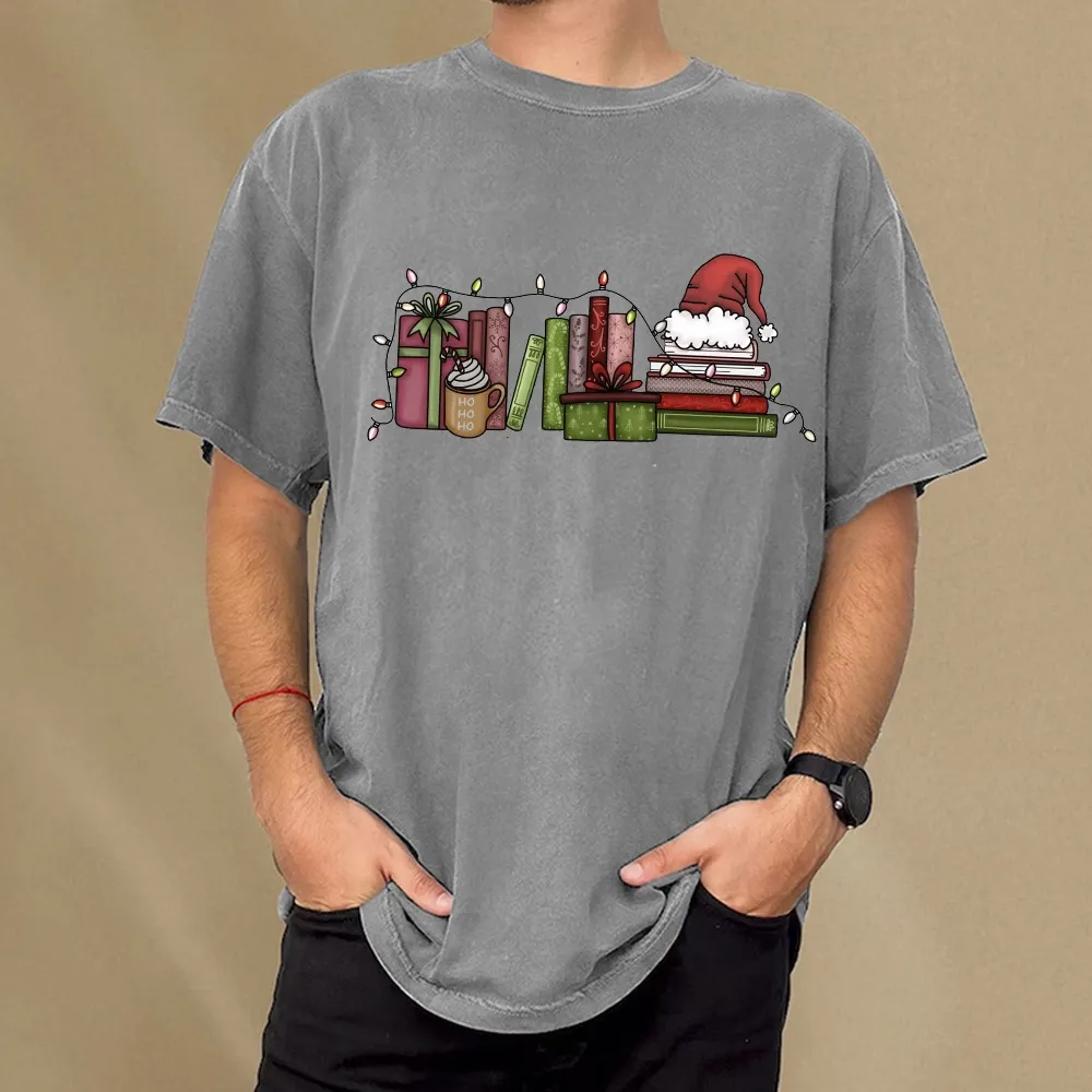 Pagewings Holiday Bookshelf Christmas Unisex Washed T-shirt