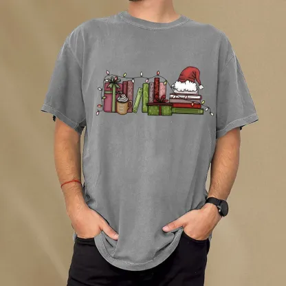 Pagewings Holiday Bookshelf Christmas Unisex Washed T-shirt
