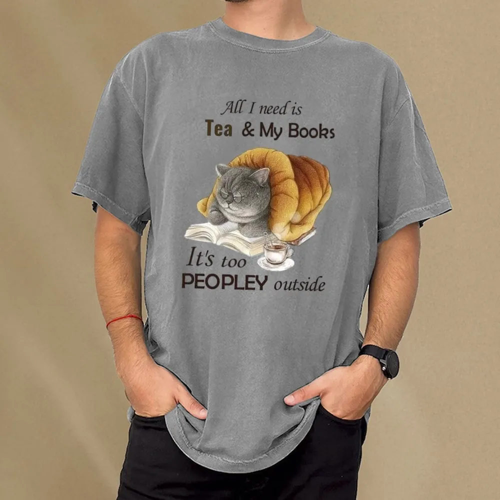 Pagewings All Ineed Is Tea &my Books It's Too Peopley Outside Unisex Washed T-shirt