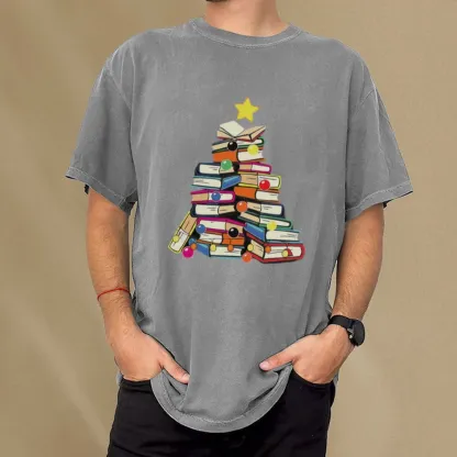 Pagewings Christmas Tree Bookworm Unisex Washed T-shirt