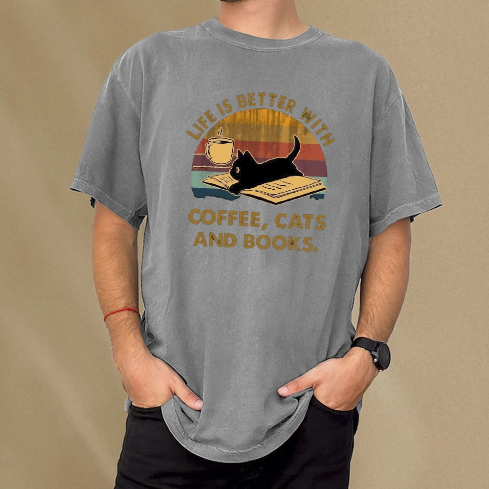 Pagewings Life Is Better With Coffee Cats And Books Unisex Washed T-shirt