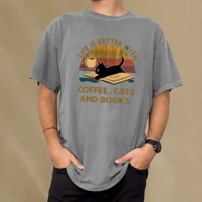 Pagewings Life Is Better With Coffee Cats And Books Unisex Washed T-shirt