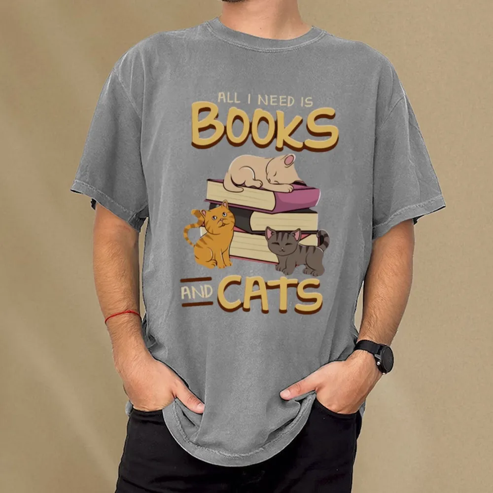 Pagewings All I Need Is Books And Cats Unisex Washed T-shirt
