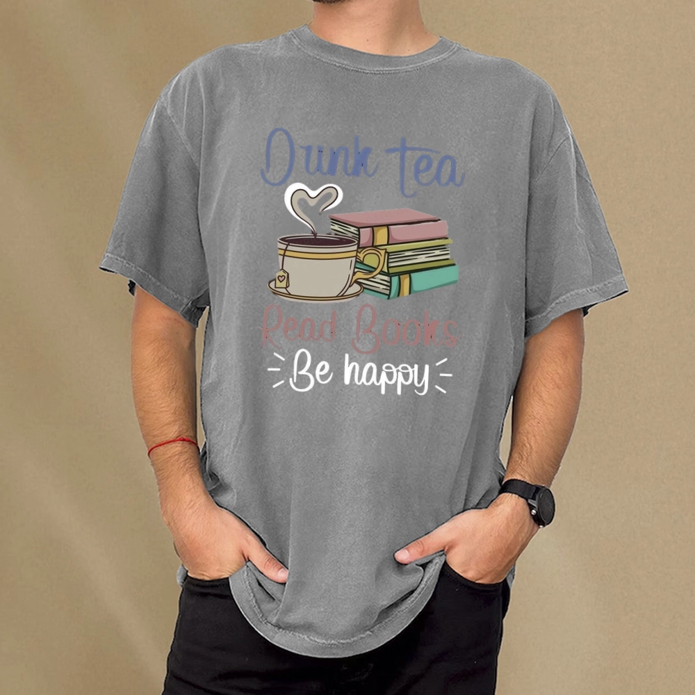 Pagewings Drink Tea Read Books Be Happy Unisex Washed T-shirt