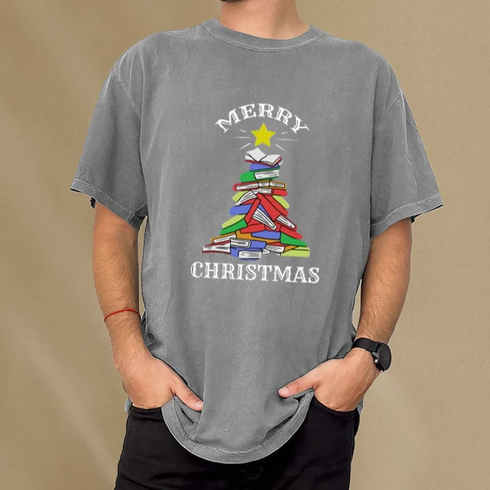 Pagewings Merry Christmas Book Tree Unisex Washed T-shirt