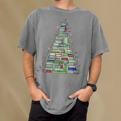 Pagewings Christmas Book Tree Unisex Washed T-shirt