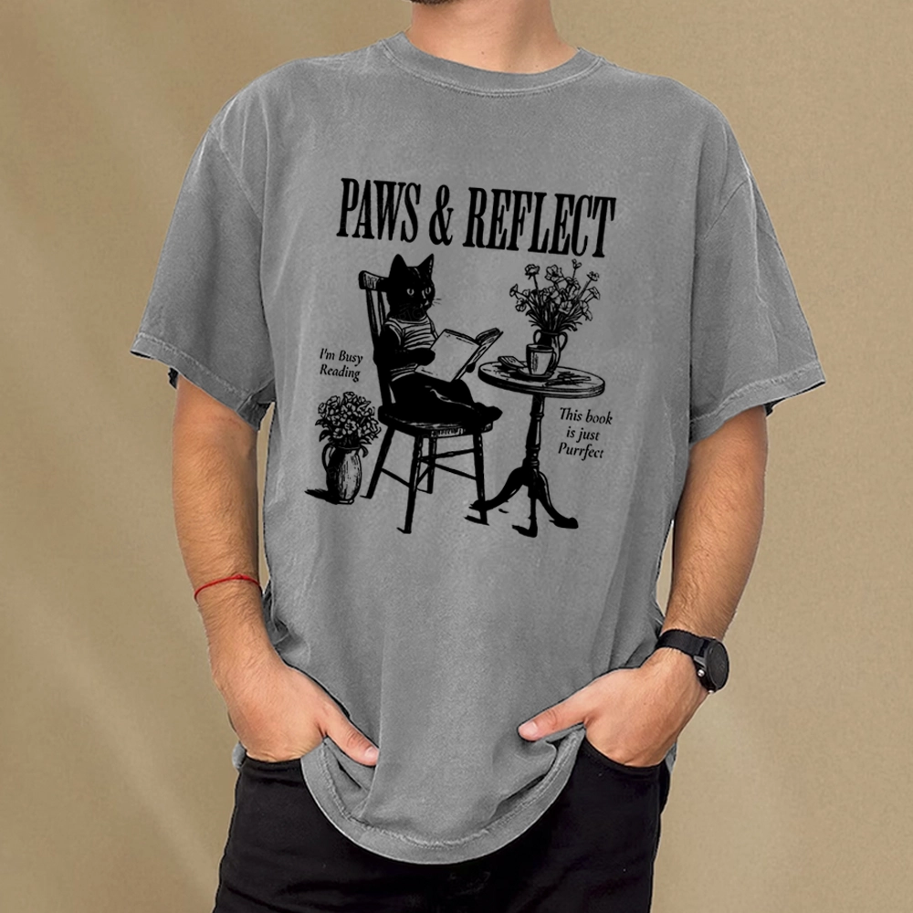 Pagewings Funny Cat Reading Unisex Washed T-shirt