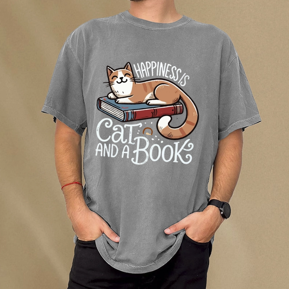 Pagewings Happiness Is A Cat And A Book Unisex Washed T-shirt