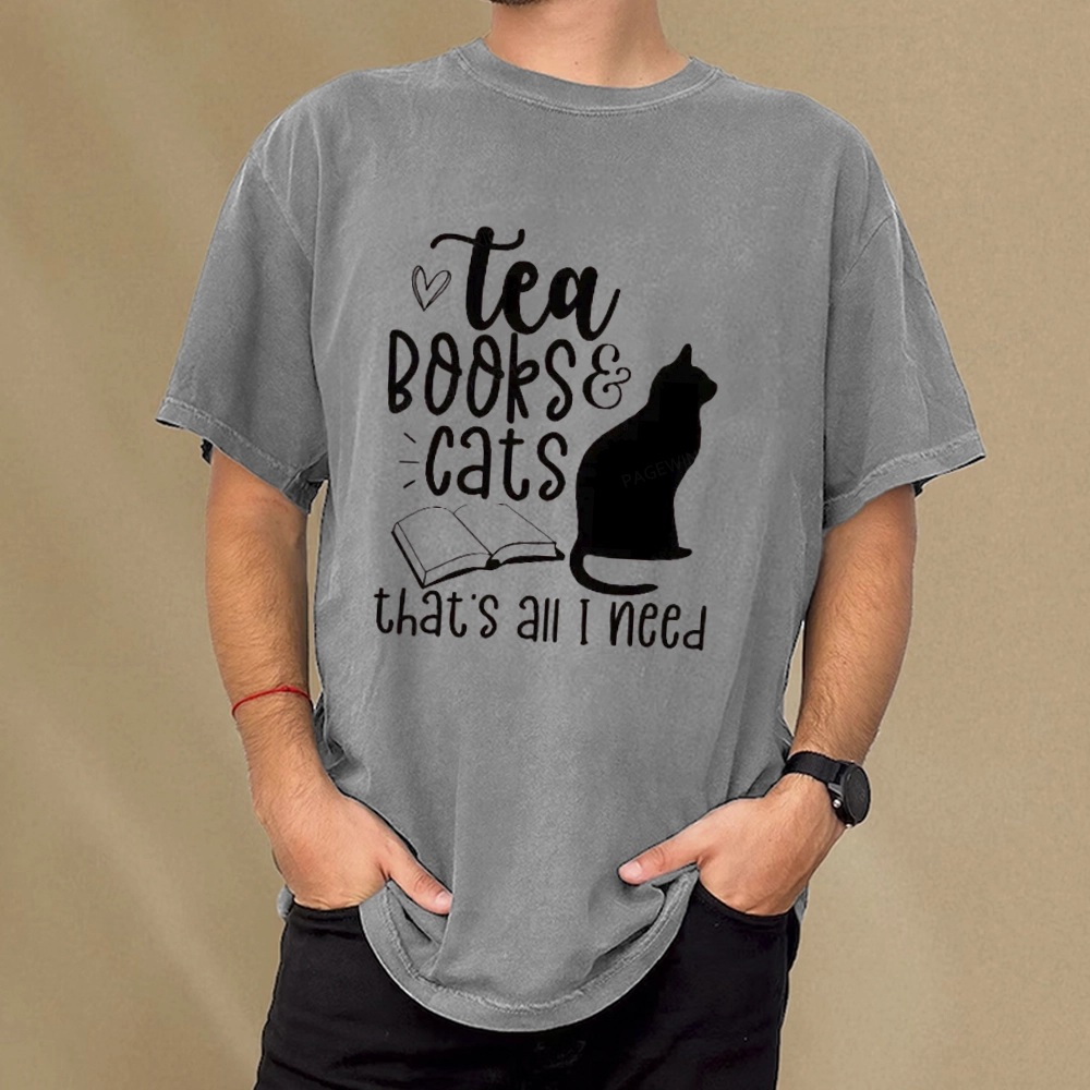Pagewings Tea Books Cats That's All I Need Unisex Washed T-shirt