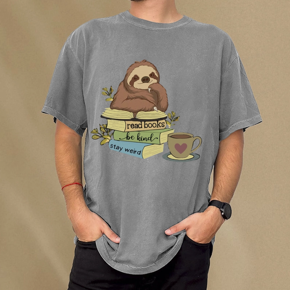 Pagewings Sloth Reading Unisex Washed T-shirt