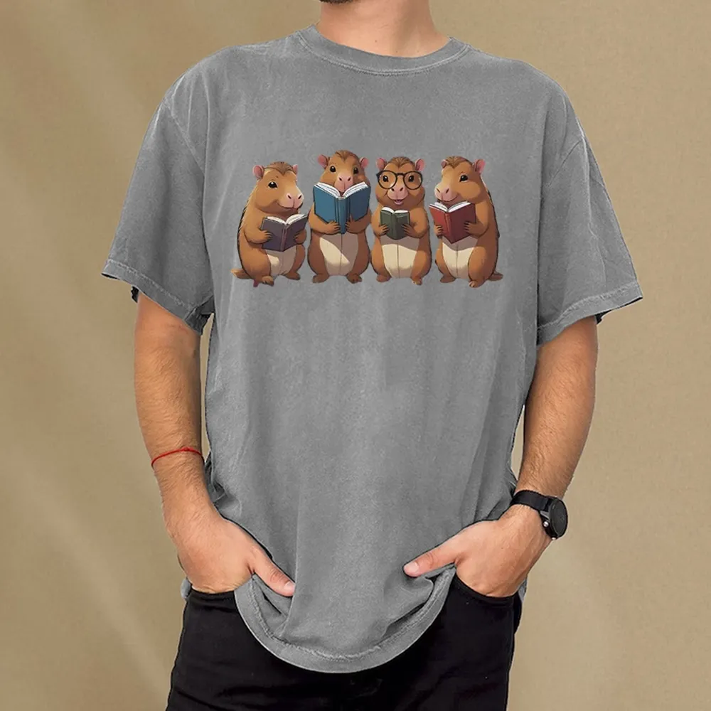 Tea Books Capybara Reading Unisex Washed T-shirt