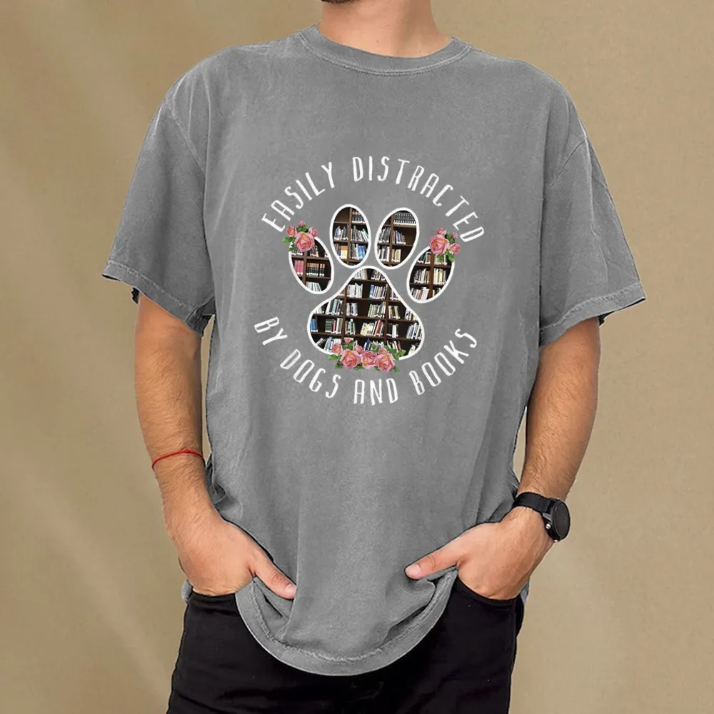 Pagewing Easily Distracted Dogs And Books Unisex Washed T-shirt