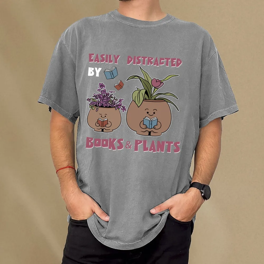 Pagewing Easily Distrafted By Books And Plants Unisex Washed T-shirt