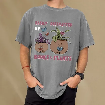 Pagewing Easily Distrafted By Books And Plants Unisex Washed T-shirt