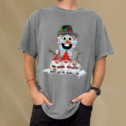 Pagewings Snowman Book Christmas Stack Gnome Librarian Book Unisex Washed T-shirt