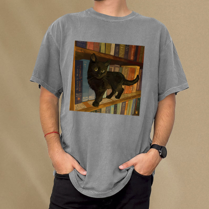Pagewings Little Library Cat Unisex Washed T-shirt
