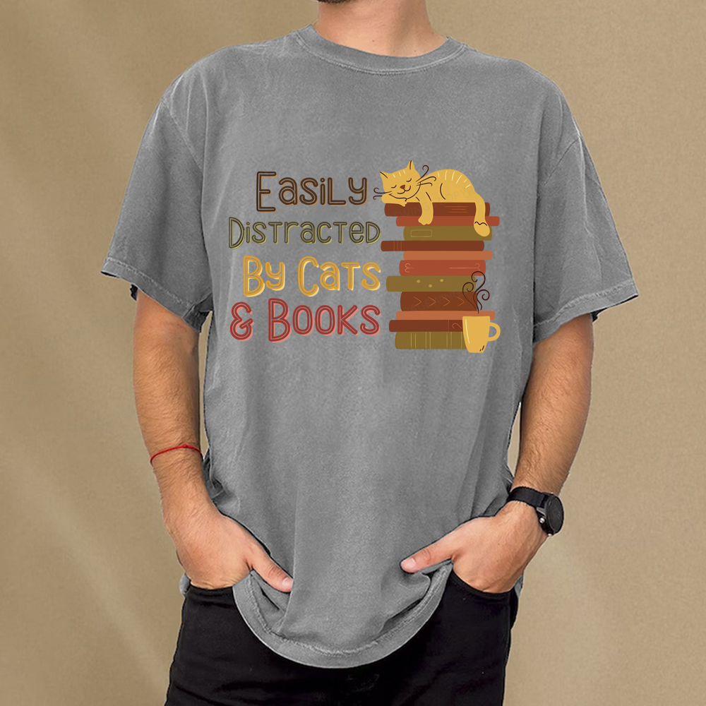 Pagewings Easily Distracted By Cats and Books Unisex Washed T-shirt