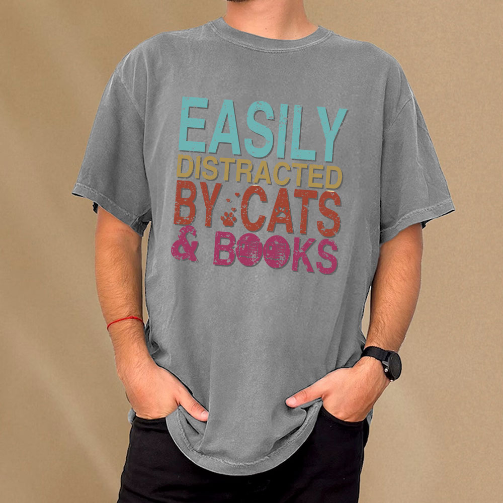 Pagewings Easily Distracted By Cats And Books Unisex Washed T-shirt