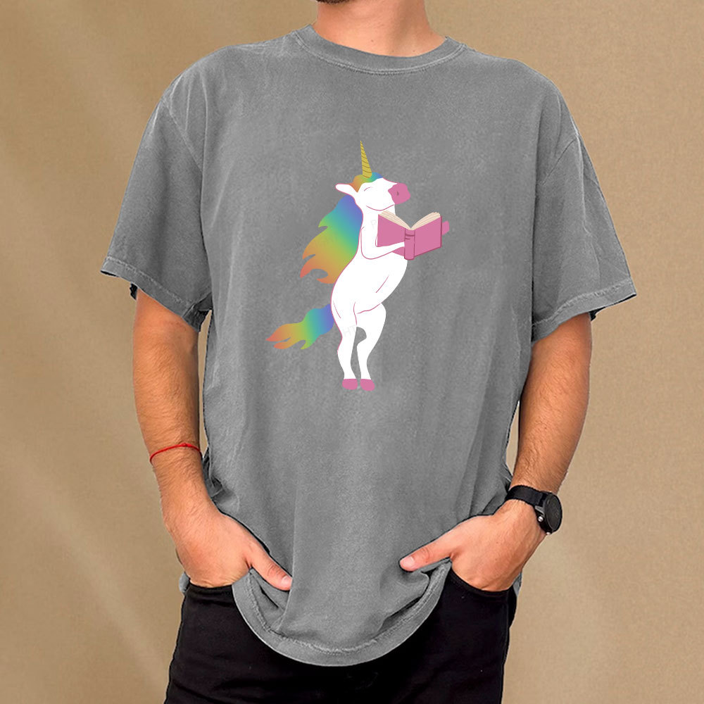 Pagewings Beautiful Unicorn Reading Books on Women's Cropped Unisex Washed T-shirt