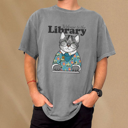 Pagewings Welcome to the Library Cat Unisex Washed T-shirt