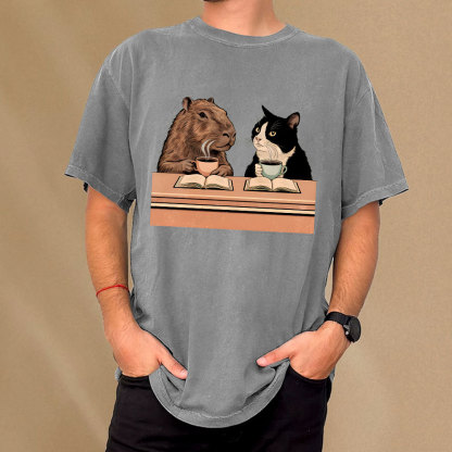 Pagewings Capybara and Tuxedo Cat Chilling with Coffee Unisex Washed T-shirt