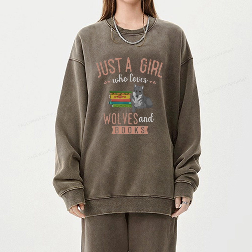 Pagewings Girls Forest Animal Book Wolf Reading Unisex Washed Sweatshirt