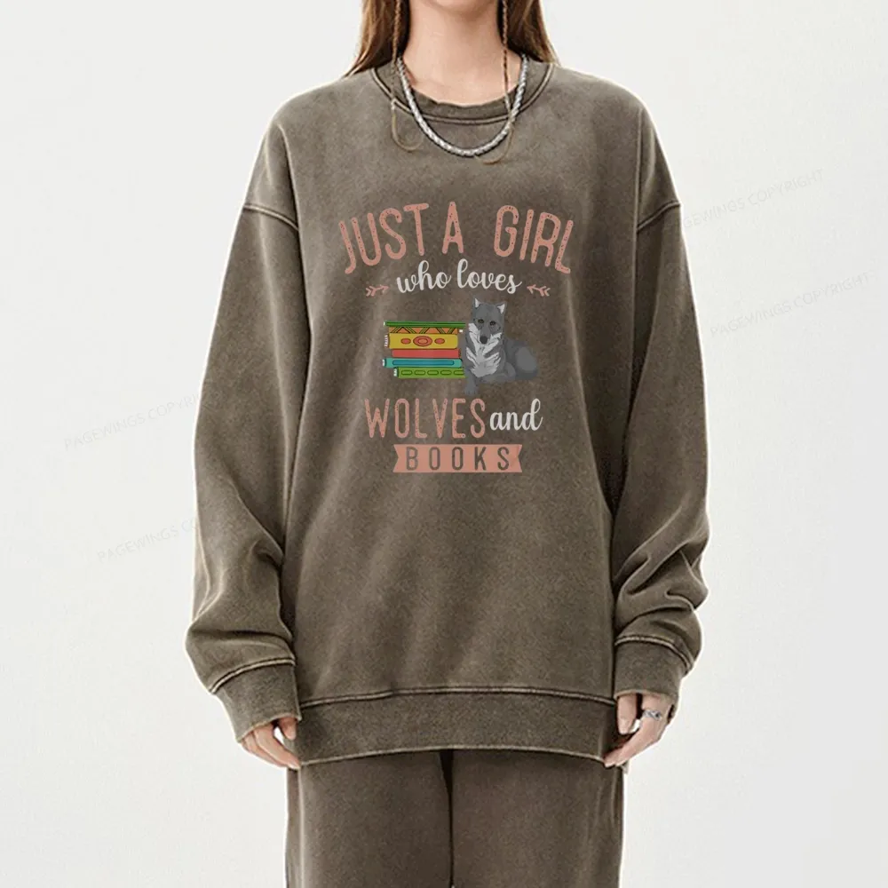 Pagewings Girls Forest Animal Book Wolf Reading Unisex Washed Sweatshirt