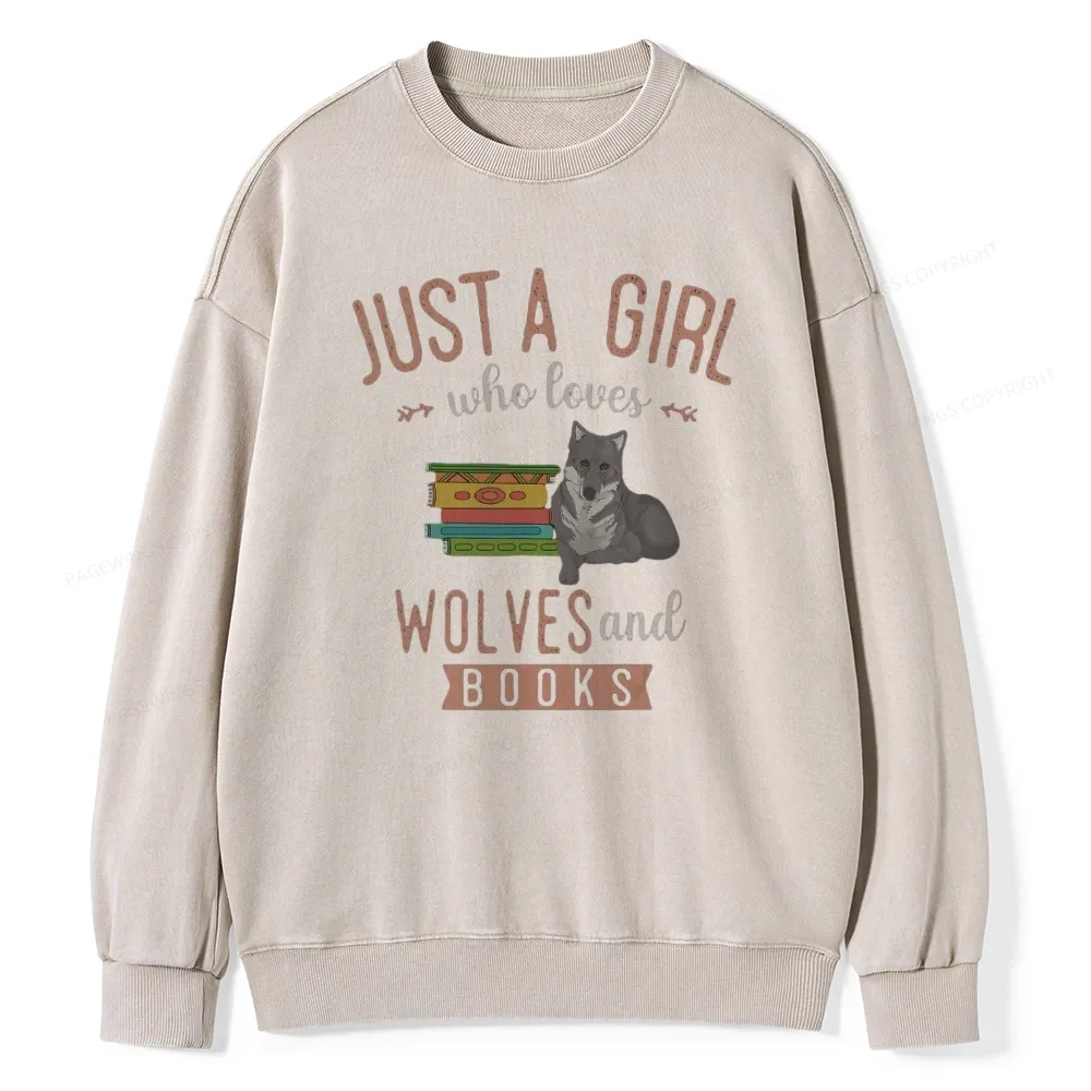 Pagewings Girls Forest Animal Book Wolf Reading Unisex Washed Sweatshirt