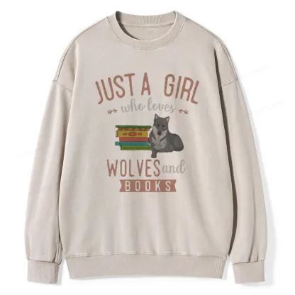 Pagewings Girls Forest Animal Book Wolf Reading Unisex Washed Sweatshirt