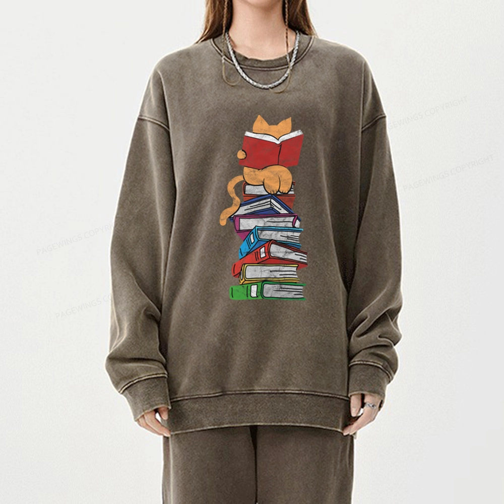 Pagewings Funny Kitten Pet Bookworm Reader Unisex Washed Sweatshirt
