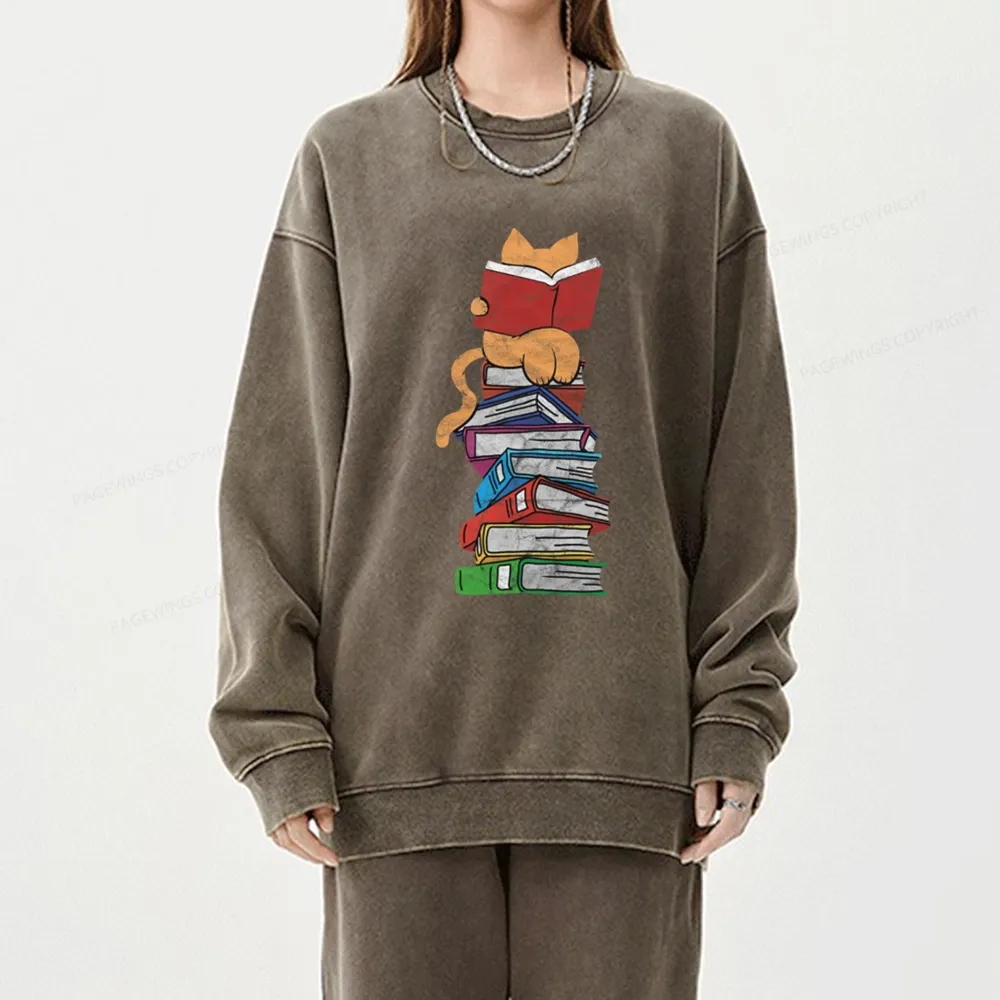 Pagewings Funny Kitten Pet Bookworm Reader Unisex Washed Sweatshirt