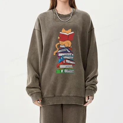 Pagewings Funny Kitten Pet Bookworm Reader Unisex Washed Sweatshirt