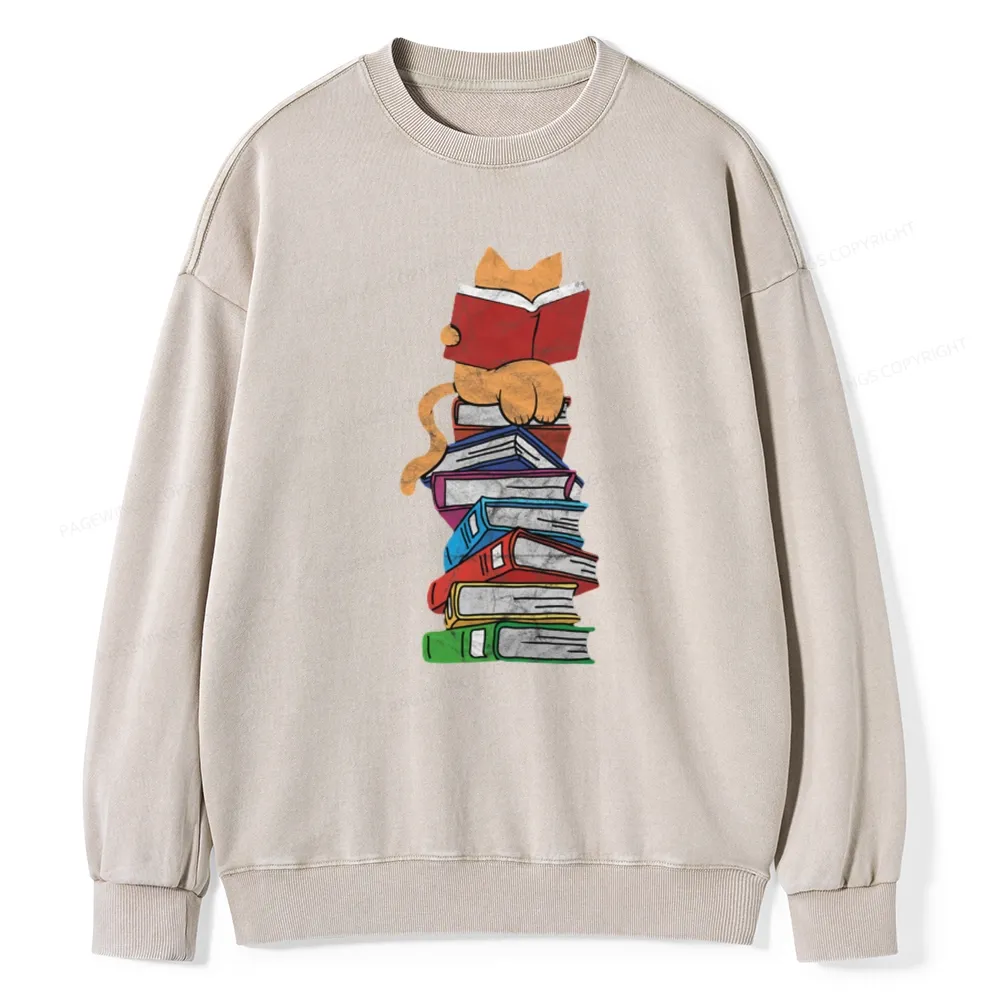 Pagewings Funny Kitten Pet Bookworm Reader Unisex Washed Sweatshirt
