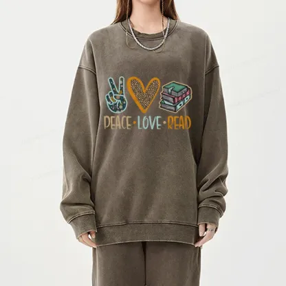 Pagewings Peace Love Read Books Unisex Washed Sweatshirt