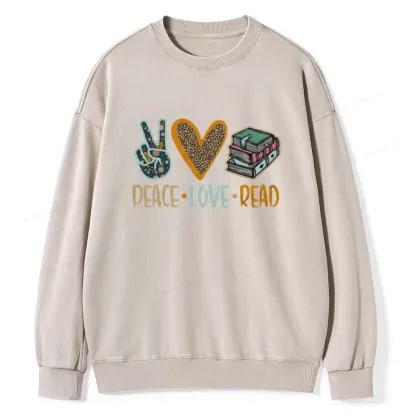 Pagewings Peace Love Read Books Unisex Washed Sweatshirt