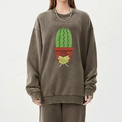 Pagewings Cute Cactus Reading Books Unisex Washed Sweatshirt