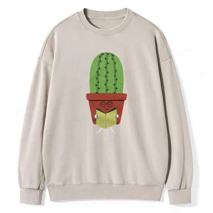 Pagewings Cute Cactus Reading Books Unisex Washed Sweatshirt