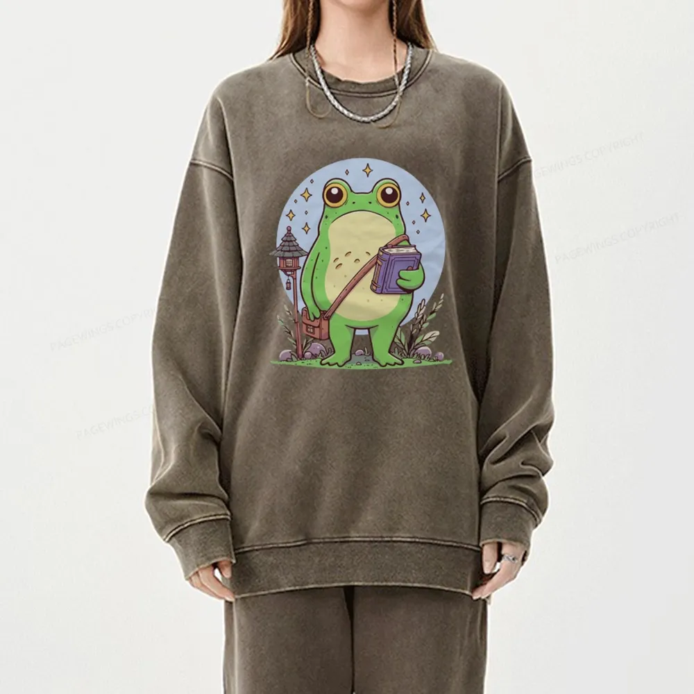 Pagewings Frog Reading Book Unisex Washed Sweatshirt