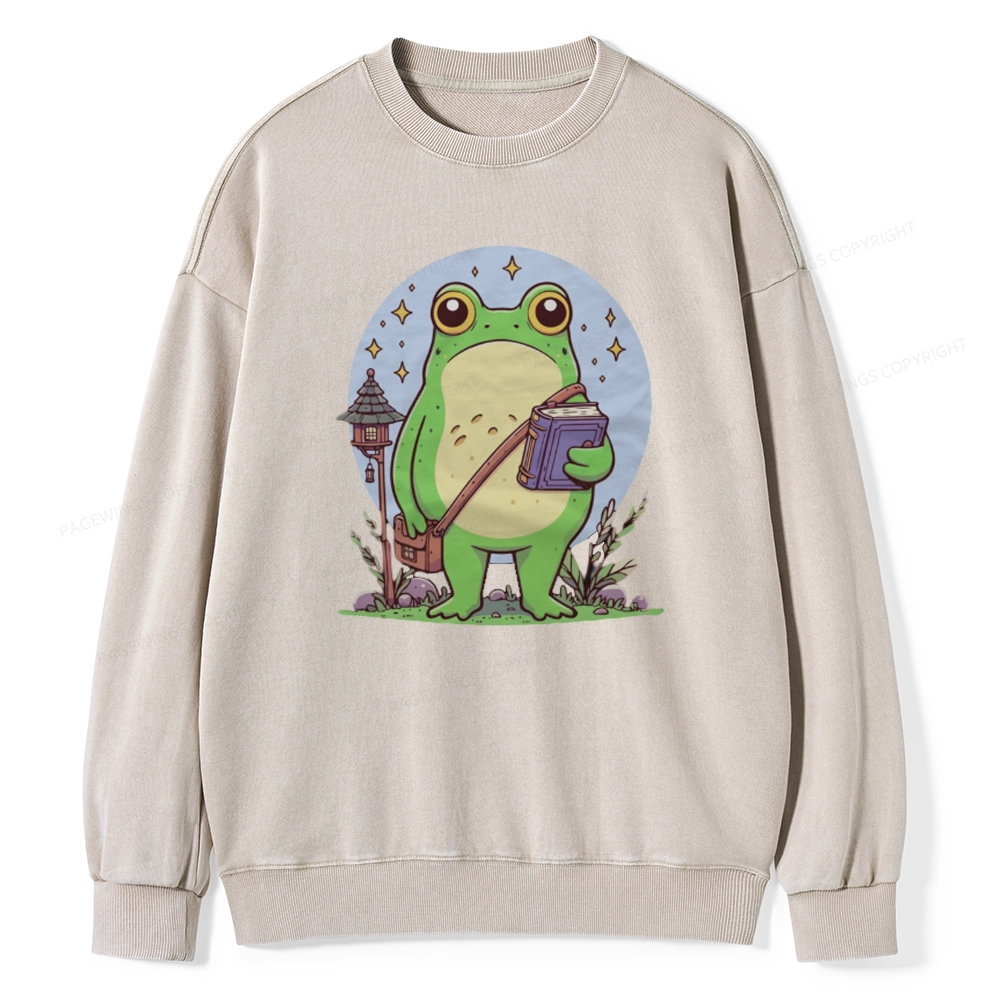 Pagewings Frog Reading Book Unisex Washed Sweatshirt