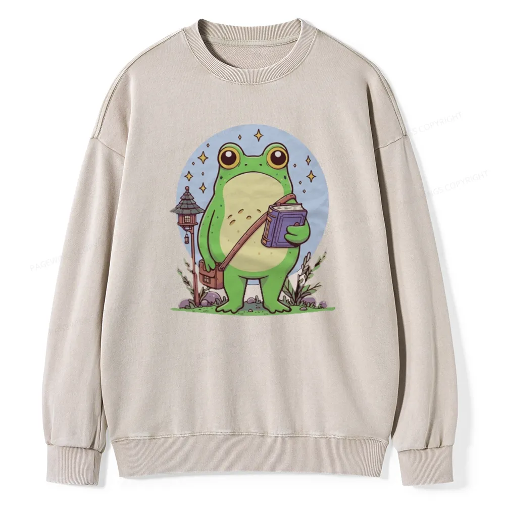 Pagewings Frog Reading Book Unisex Washed Sweatshirt