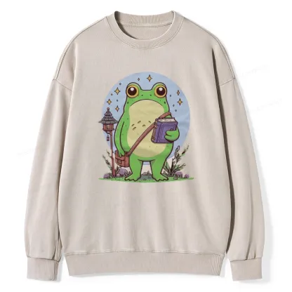 Pagewings Frog Reading Book Unisex Washed Sweatshirt