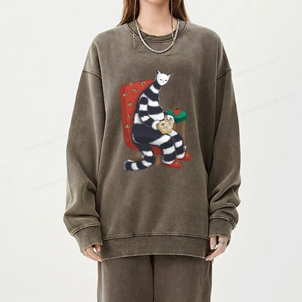 Pagewings Weird Cat Reading At Home Unisex Washed Sweatshirt