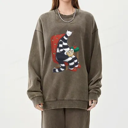 Pagewings Weird Cat Reading At Home Unisex Washed Sweatshirt