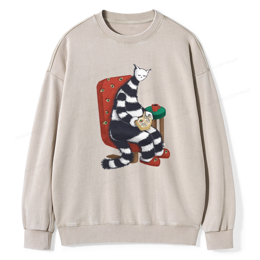 Pagewings Weird Cat Reading At Home Unisex Washed Sweatshirt