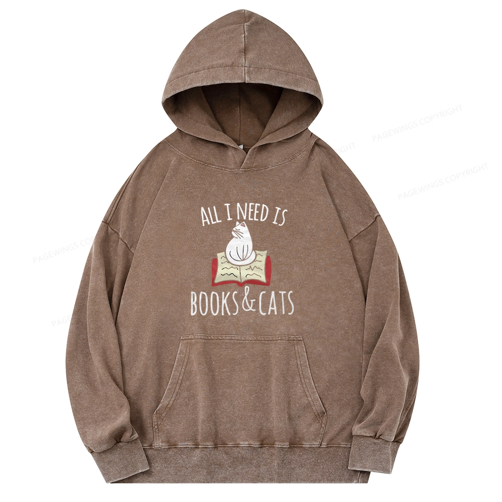 Pagewings All I Need Is Book & Cat Unisex Washed Hoodie