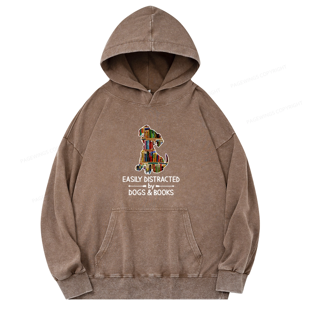 Pagewings Easily Distracted By Dogs And Books Unisex Washed Hoodie
