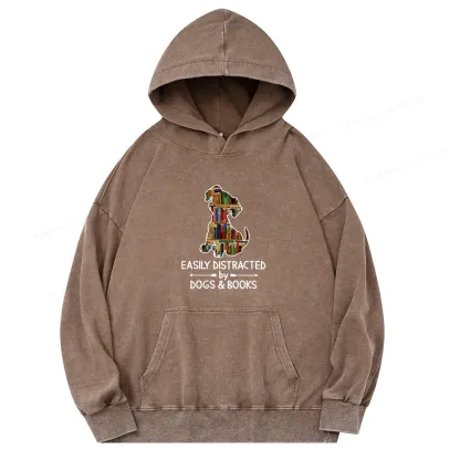 Pagewings Easily Distracted By Dogs And Books Unisex Washed Hoodie